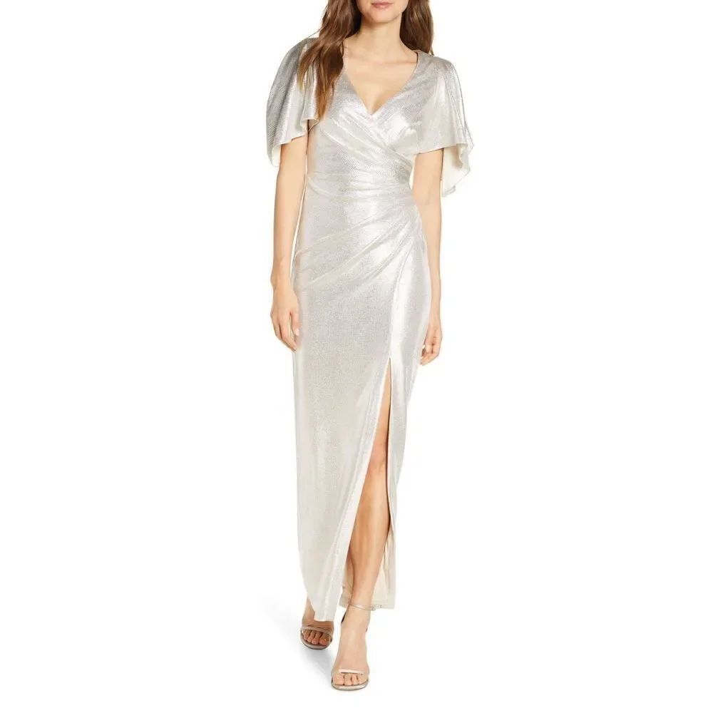 Eliza J Ruched Ivory/Silver Fitted Gown
